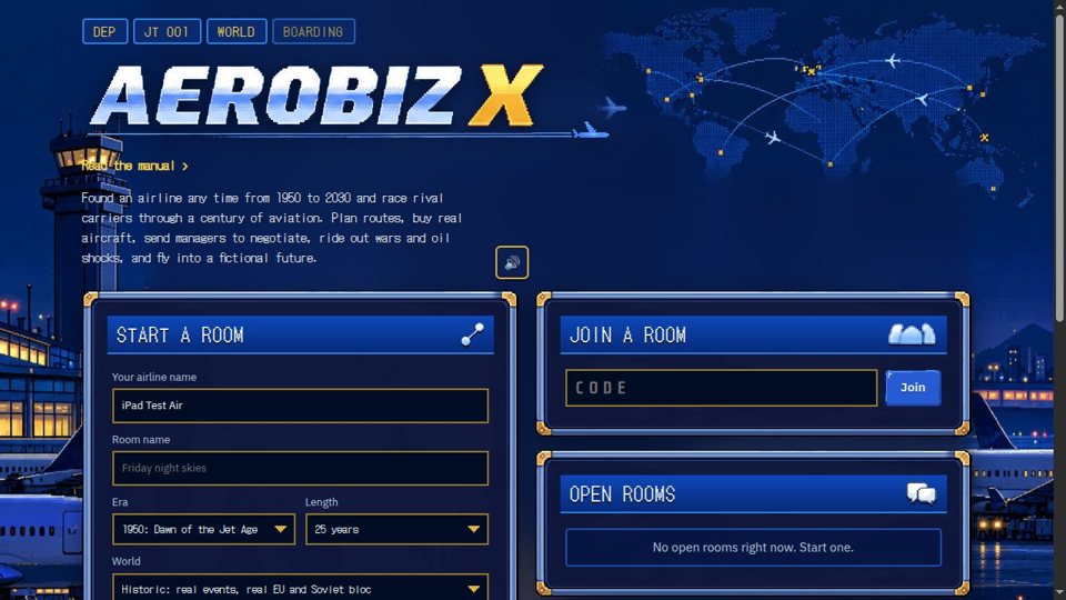 AeroX title screen: a world map with flight routes and the room list.