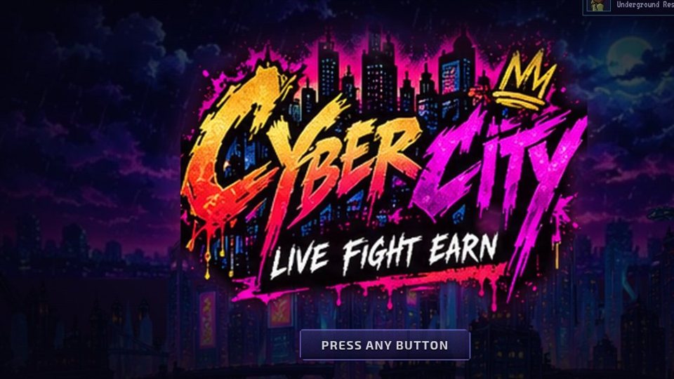Cyber City logo over a neon skyline: live, fight, earn.