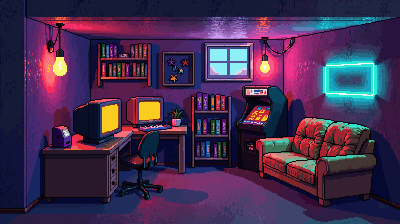 A basement game room lit by neon: two old monitors on a desk, an arcade cabinet and a sofa.