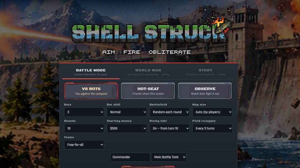 Shell Struck menu: battle mode against bots, hot-seat or observe.